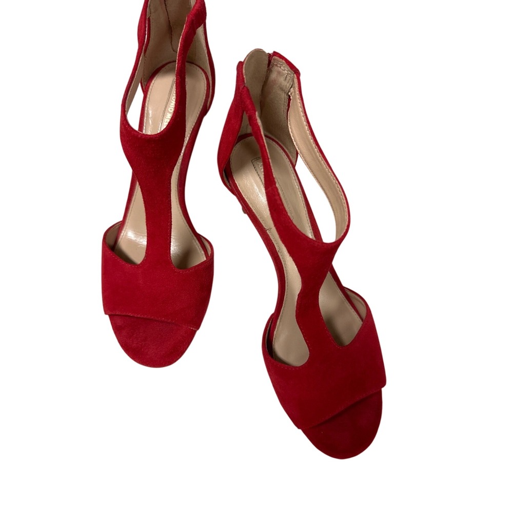 Antonio Melani Red Suede T-Strap Stiletto Heels Womens 7.5 M Open Toe Back Zip